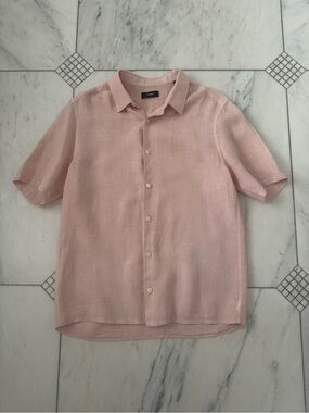 Theory Men's Short-Sleeve Linen Button-Down Shirt in Pale Pink